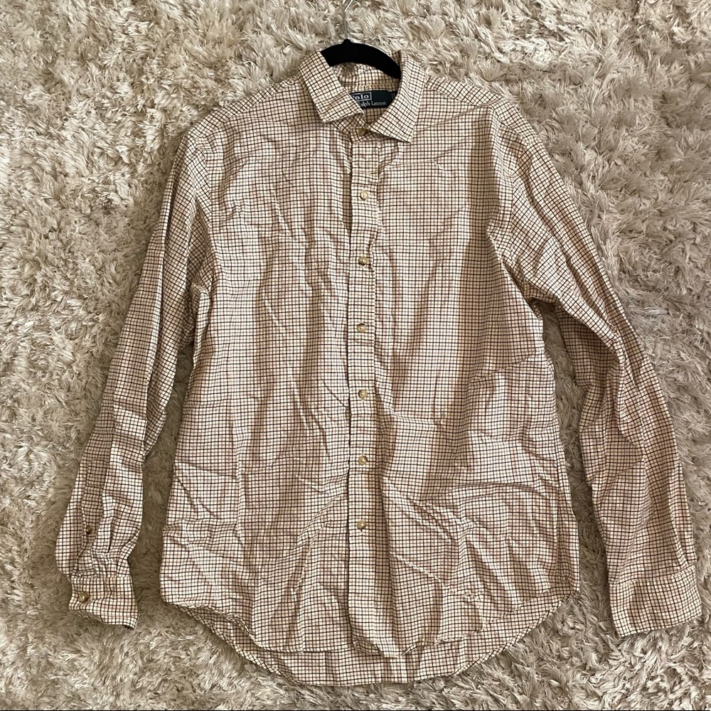 Polo Ralph Lauren tan button down dress shirt cream plaid
